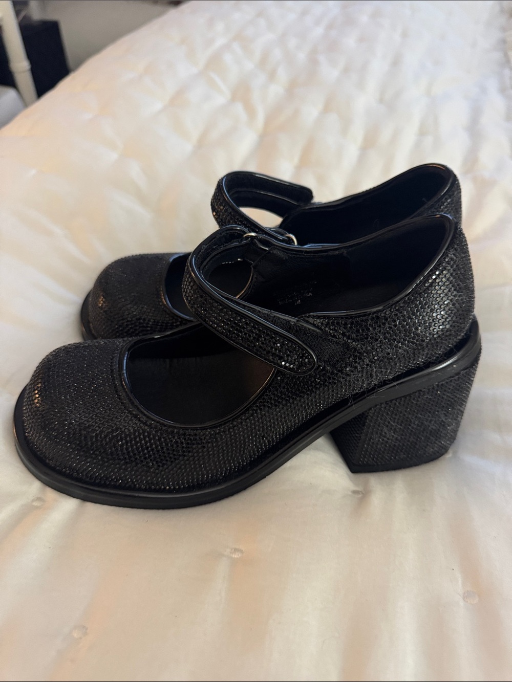 Dolls Kill Black Glitter Mary Jane Block Heels